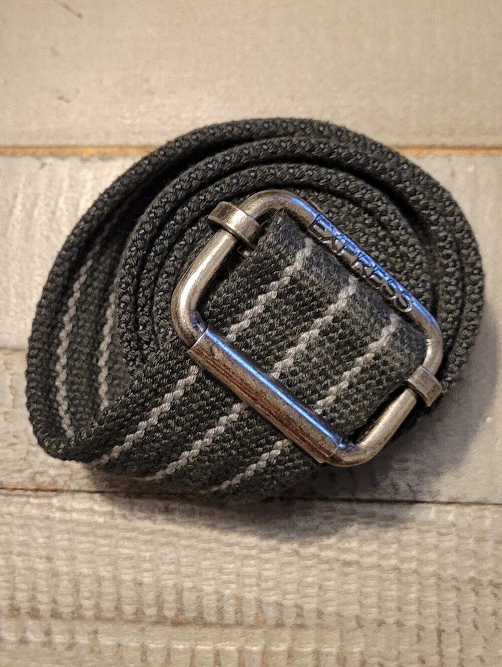 Express Men's Black and Gray Striped Webbing Belt with Metal Buckle